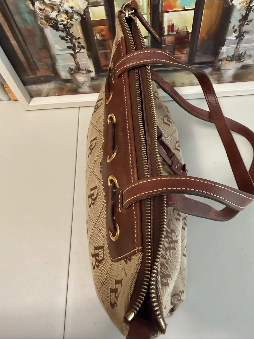 Dooney & Bourke Beige Monogram Quilted Tote with Brown Leather Trim